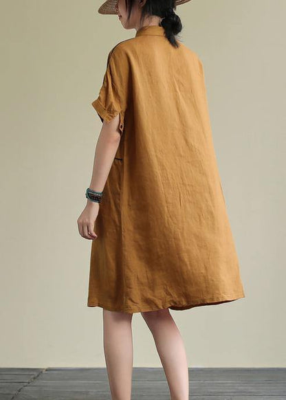 Yellow Linen Dress Lapel Pockets Summer Dresses