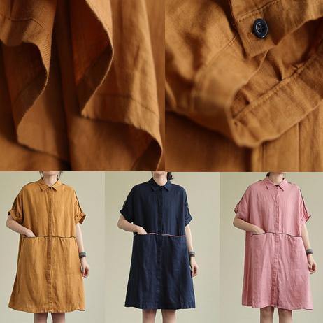 Yellow Linen Dress Lapel Pockets Summer Dresses