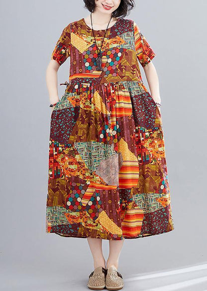 Yellow Print Long Shirts O Neck Cinched a Line Dress