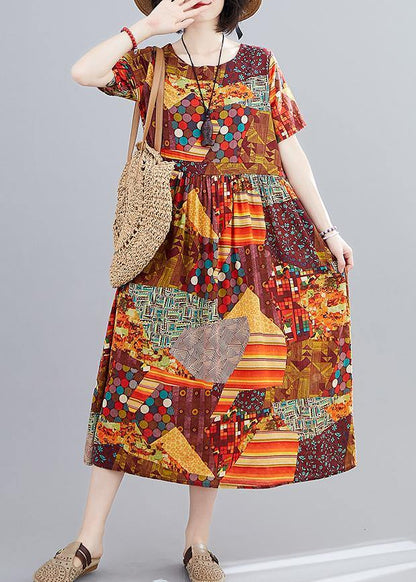 Yellow Print Long Shirts O Neck Cinched a Line Dress