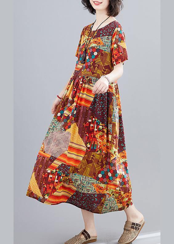 Yellow Print Long Shirts O Neck Cinched a Line Dress