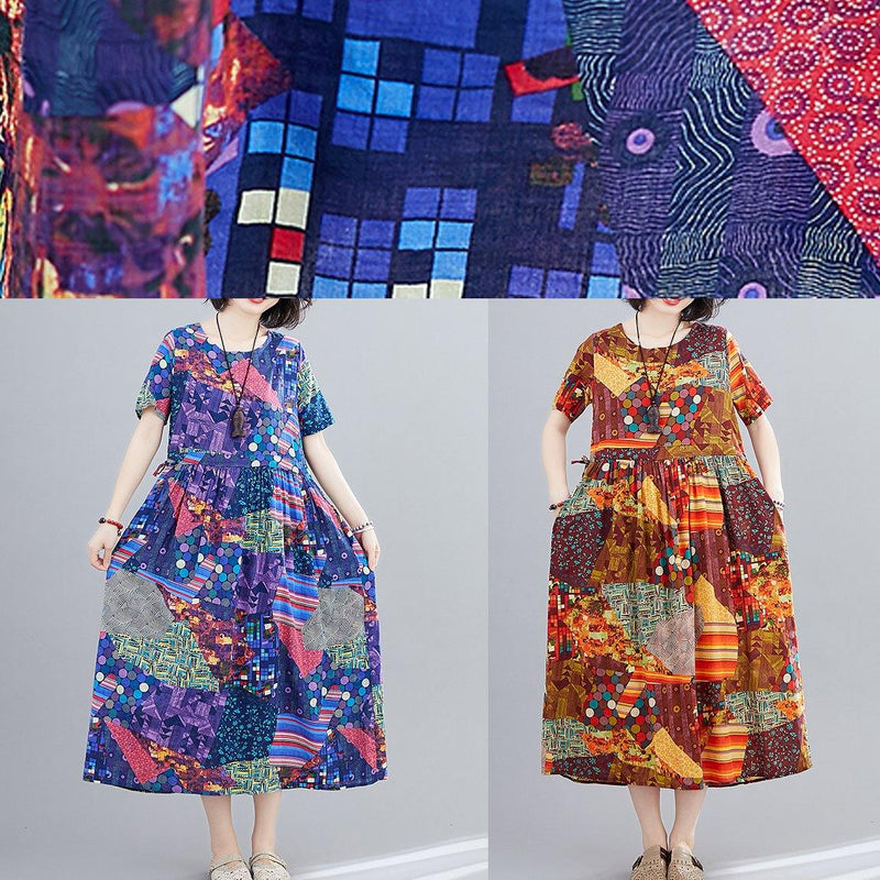 Yellow Print Long Shirts O Neck Cinched a Line Dress