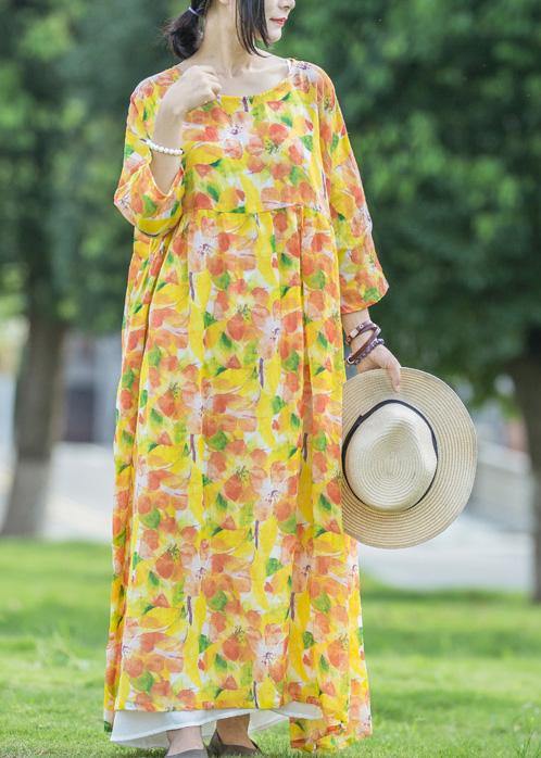 Yellow Print Linen Dresses O Neck Asymmetric Traveling Summer Dresses