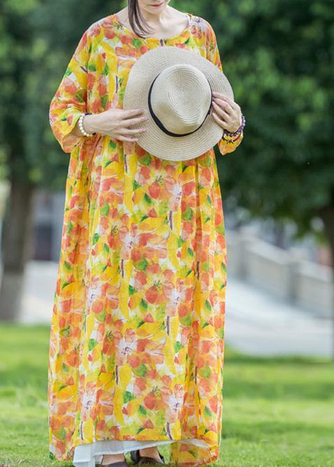 Yellow Print Linen Dresses O Neck Asymmetric Traveling Summer Dresses