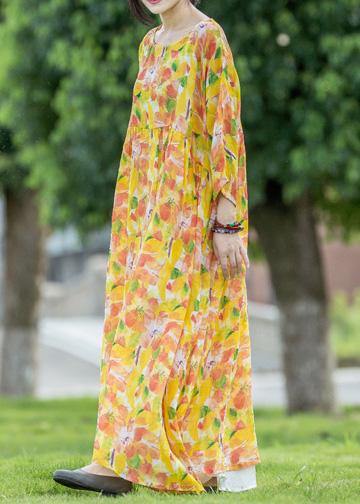 Yellow Print Linen Dresses O Neck Asymmetric Traveling Summer Dresses