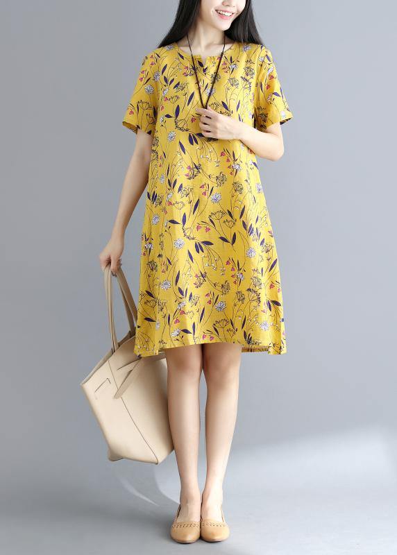 Yellow Prints Cotton Clothes Loose Waist Daily Summer Dress
