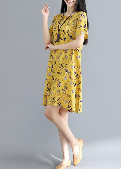 Yellow Prints Cotton Clothes Loose Waist Daily Summer Dress