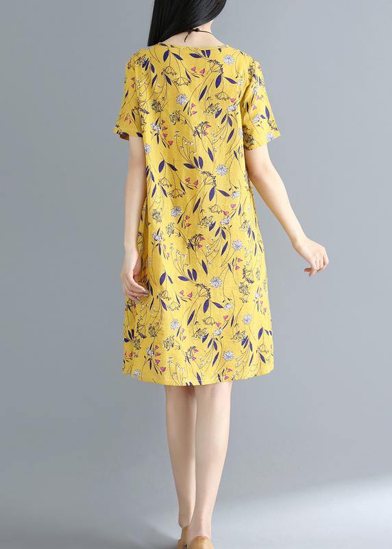 Yellow Prints Cotton Clothes Loose Waist Daily Summer Dress