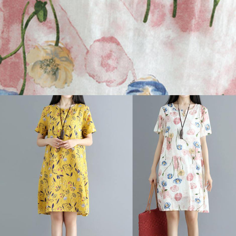 Yellow Prints Cotton Clothes Loose Waist Daily Summer Dress