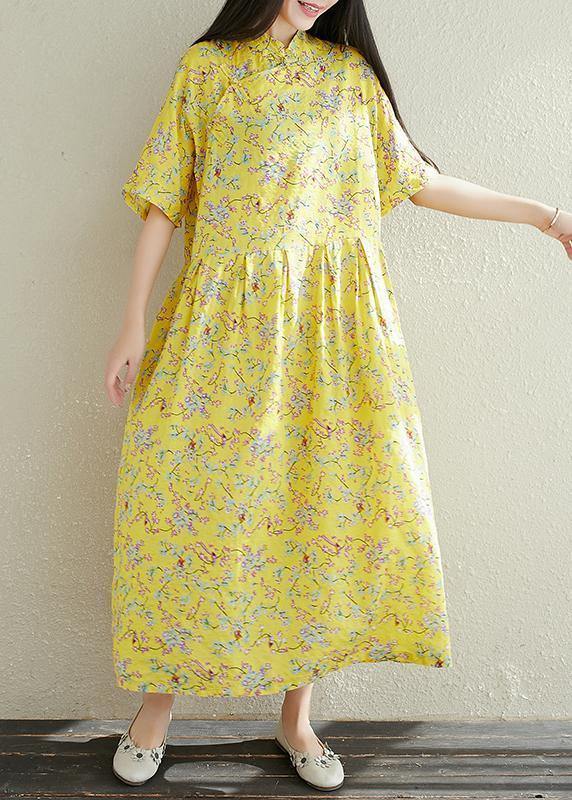 Yellow Prints Cotton Clothes for Stand Collar a Line Summer Dresses