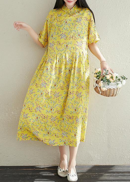 Yellow Prints Cotton Clothes for Stand Collar a Line Summer Dresses