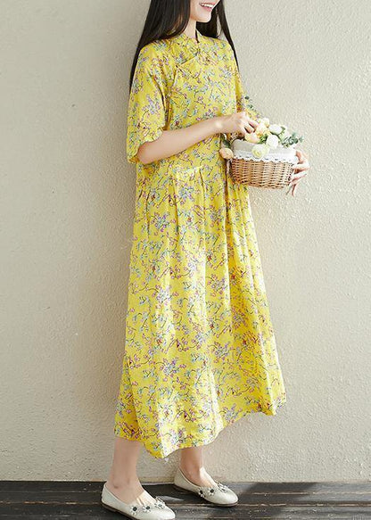 Yellow Prints Cotton Clothes for Stand Collar a Line Summer Dresses
