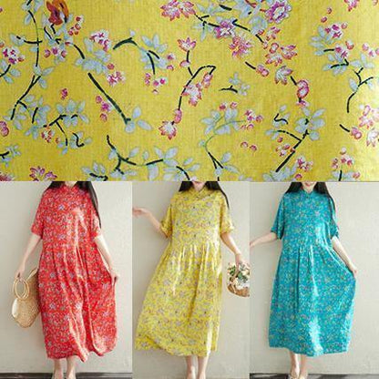 Yellow Prints Cotton Clothes for Stand Collar a Line Summer Dresses