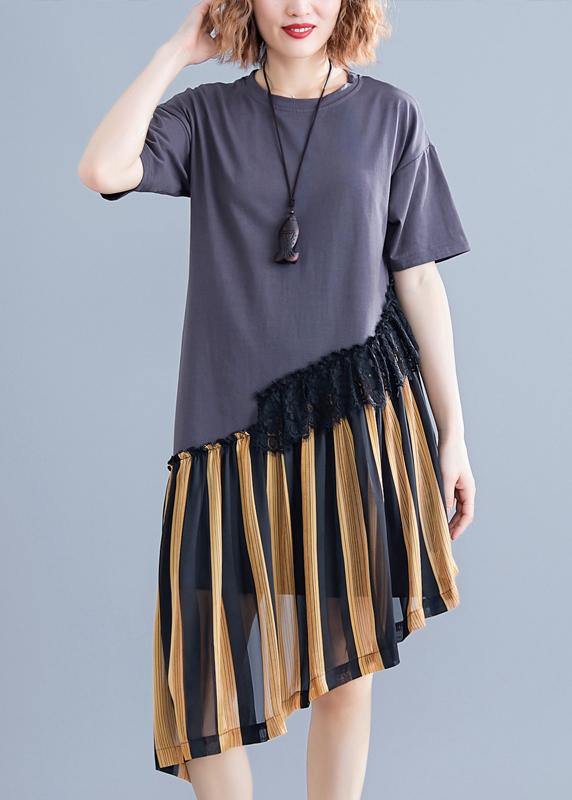 Yellow Striped Cotton O Neck Patchwork Shift Summer Dress