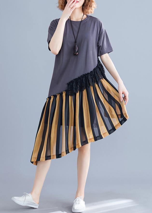 Yellow Striped Cotton O Neck Patchwork Shift Summer Dress