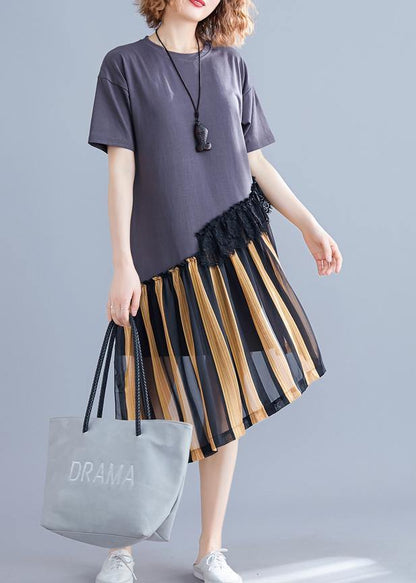 Yellow Striped Cotton O Neck Patchwork Shift Summer Dress