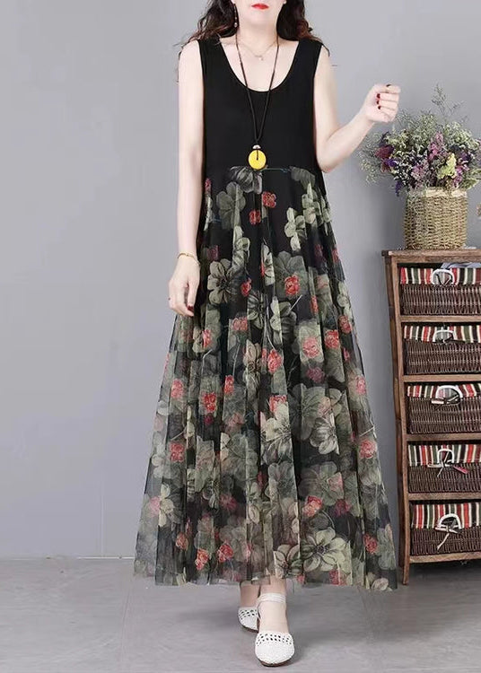 Black Print Patchwork Lace Summer Party Dress