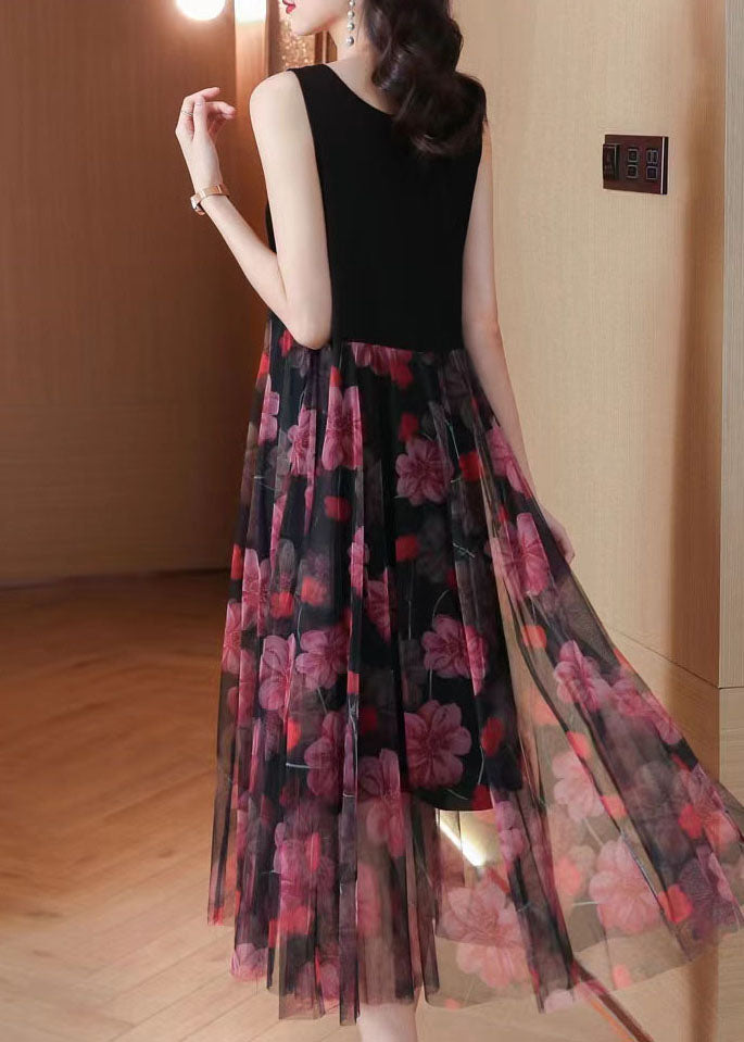 Black Print Patchwork Lace Summer Party Dress