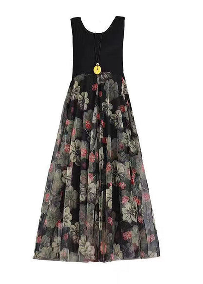 Black Print Patchwork Lace Summer Party Dress