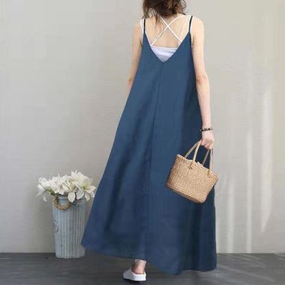 Blue Long Linen Dress Oversized Sleeveless Linen Gown V Neck Gown