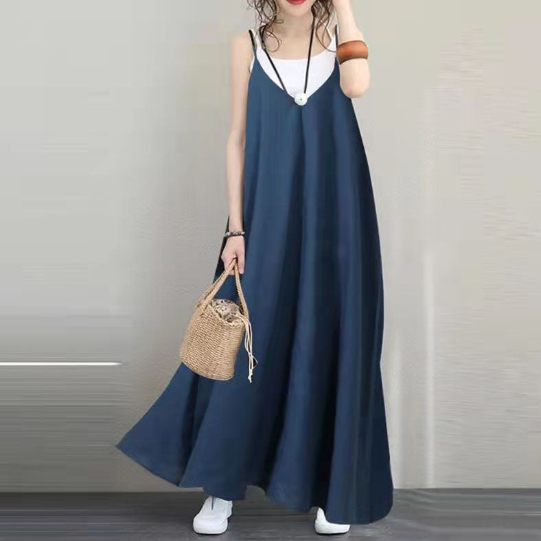 Blue Long Linen Dress Oversized Sleeveless Linen Gown V Neck Gown