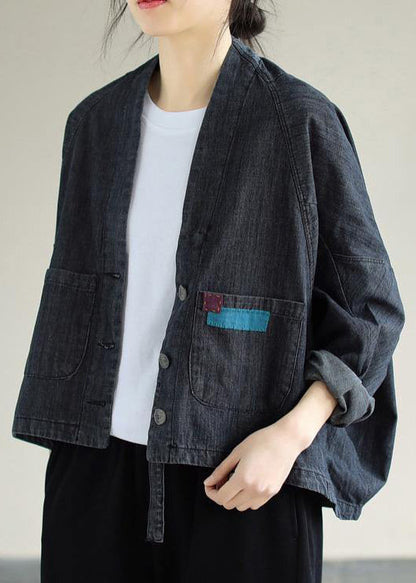 Denim Black Coats V Neck Button Down Spring Coats