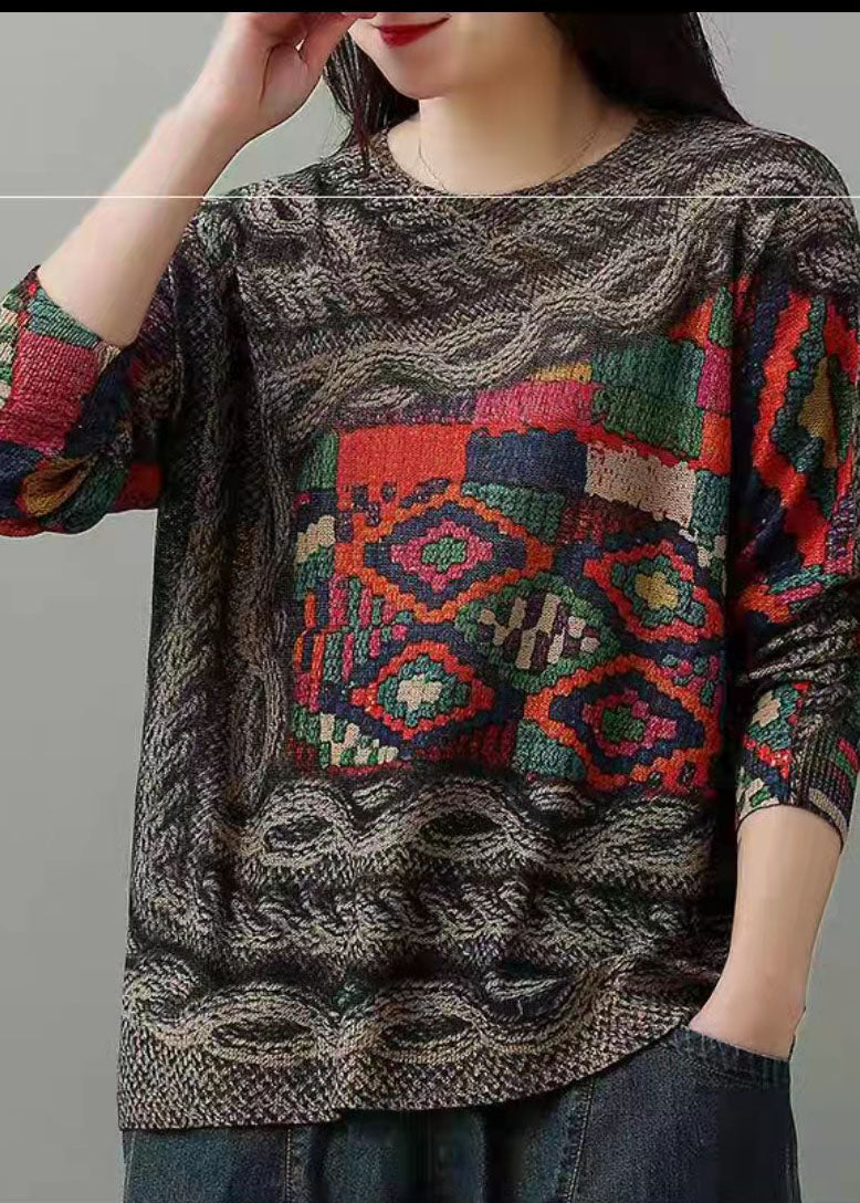 O-neck Print Mink Hair Knitted Sweaters Winter