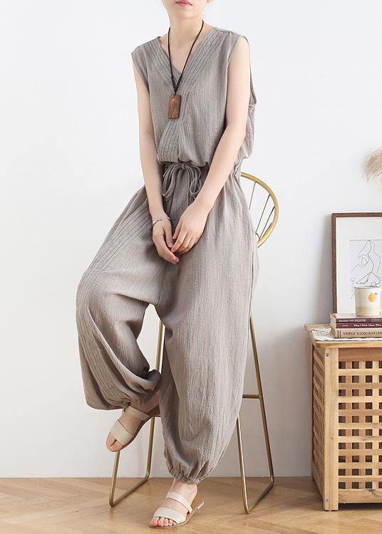 Spring and Summer New Drawstring Waist Gray Jumpsuit Wide-leg Pants