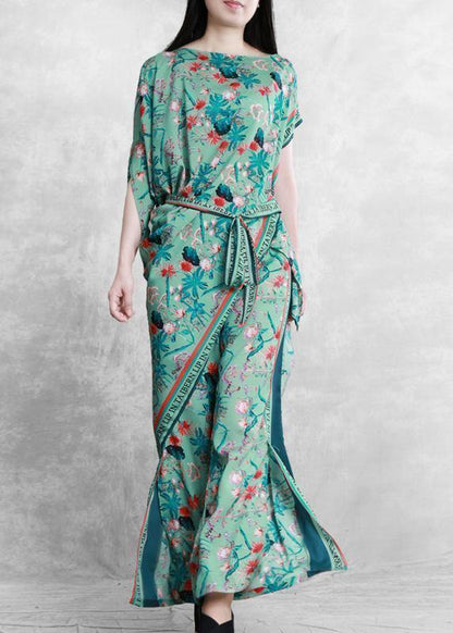 Summer National Style Green Print Suit Irregular Two-piece
