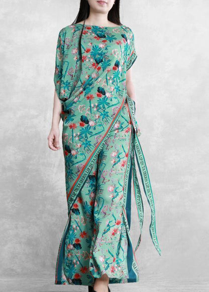 Summer National Style Green Print Suit Irregular Two-piece