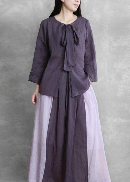 Autumn Purple Suit Lace-up Three-quarter Sleeve Shirt Contrasting Color Sweater Skirt