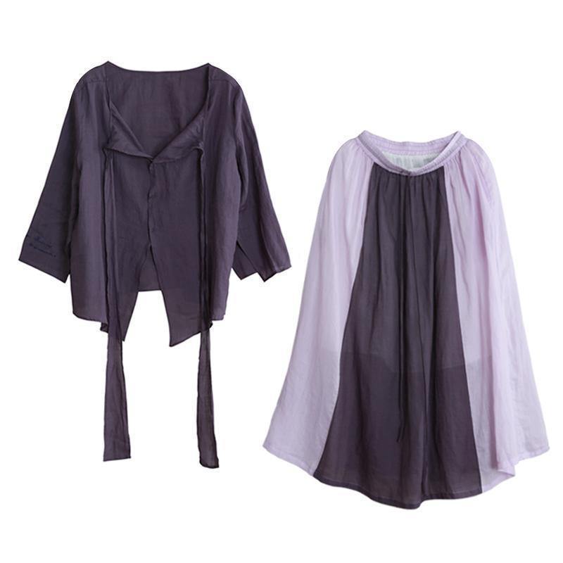 Autumn Purple Suit Lace-up Three-quarter Sleeve Shirt Contrasting Color Sweater Skirt
