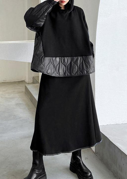 Retro Winter Black Patchwork Sweater Skirt Two Piece Set