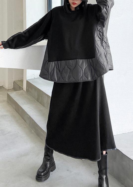 Retro Winter Black Patchwork Sweater Skirt Two Piece Set
