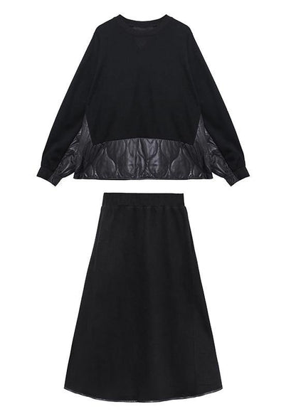 Retro Winter Black Patchwork Sweater Skirt Two Piece Set