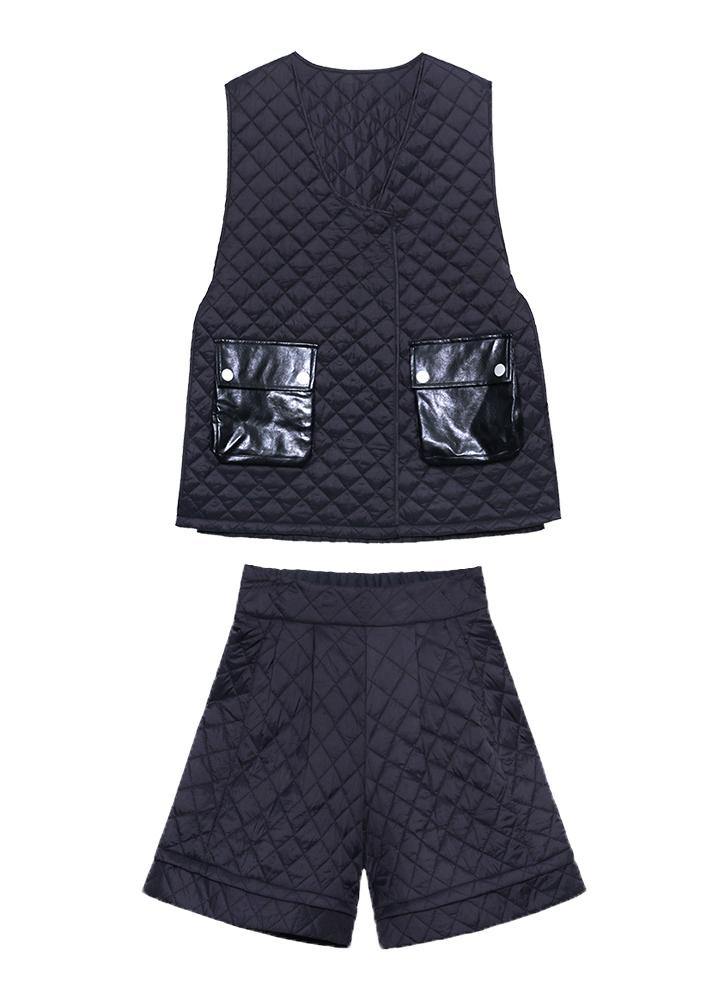 Retro Western Cotton Vest Shorts Black Two Piece Set