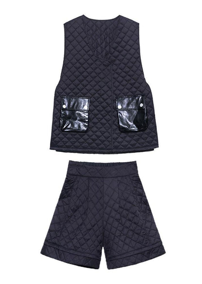 Retro Western Cotton Vest Shorts Black Two Piece Set