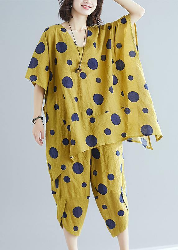 Art Yellow Dot Print Long T-shirt Top + Cotton Wide Leg Pants