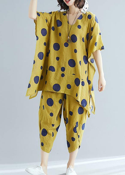 Art Yellow Dot Print Long T-shirt Top + Cotton Wide Leg Pants