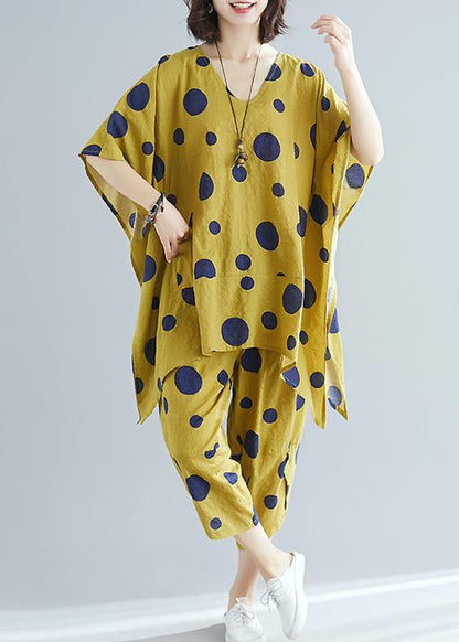 Art Yellow Dot Print Long T-shirt Top + Cotton Wide Leg Pants