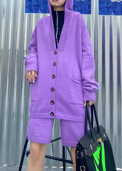 Autumn Knitted Cardigan Shorts Purple Two-piece
