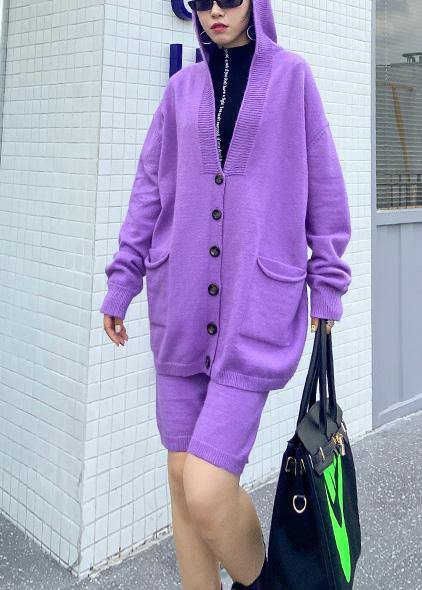 Autumn Knitted Cardigan Shorts Purple Two-piece