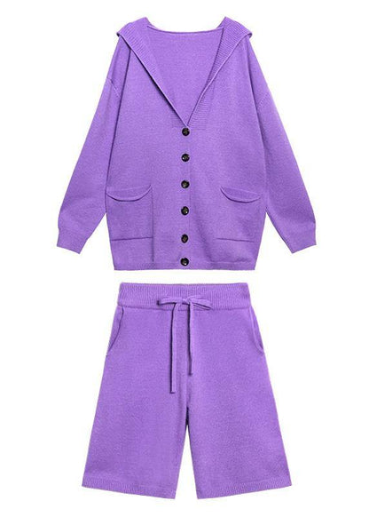 Autumn Knitted Cardigan Shorts Purple Two-piece