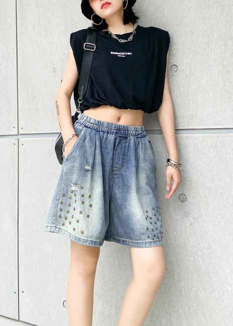 Loose Straight Denim Blue Shorts Large Size Thin Section Rivet Hole Five-point Pants