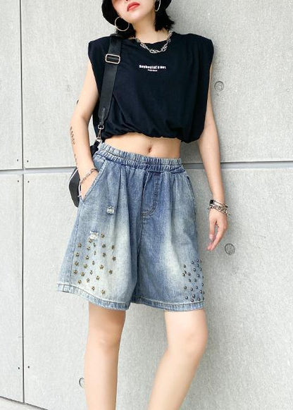Loose Straight Denim Blue Shorts Large Size Thin Section Rivet Hole Five-point Pants