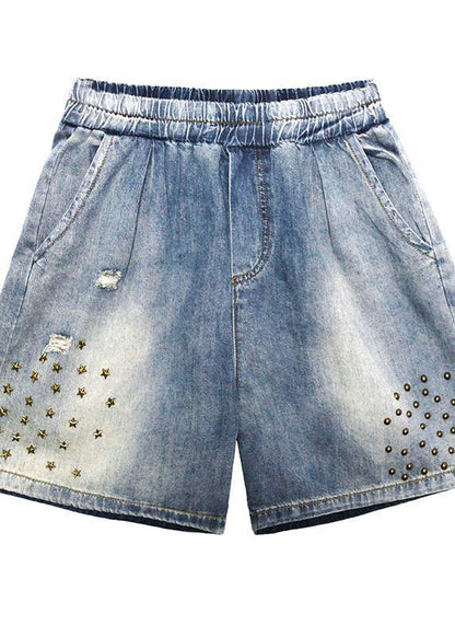 Loose Straight Denim Blue Shorts Large Size Thin Section Rivet Hole Five-point Pants