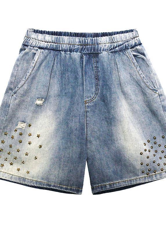 Loose Straight Denim Blue Shorts Large Size Thin Section Rivet Hole Five-point Pants