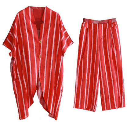 Loose Suits, Wear More Red Stripes Stitching Shirts, Wide-leg Pants