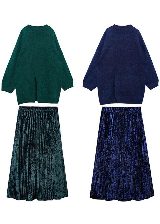 Spring Sweater Mid-length Velvet Skirt Pleated Skirt Two-piece
