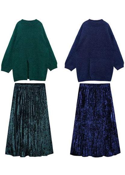 Spring Sweater Mid-length Velvet Skirt Pleated Skirt Two-piece